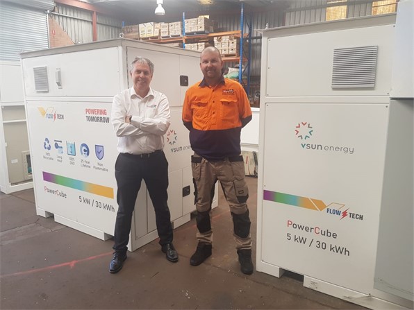 Vincent Algar and Lee Bourke with 5kW/30kWh VRFBs